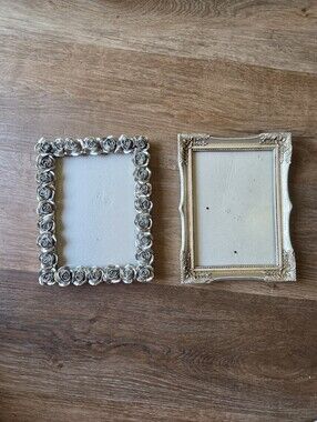 Vintage set of 2 Ornate Silver Toned Metal Picture Frames, Roses and Floral